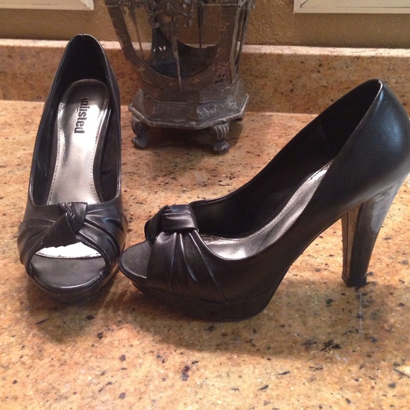 Black leather peep toe heels