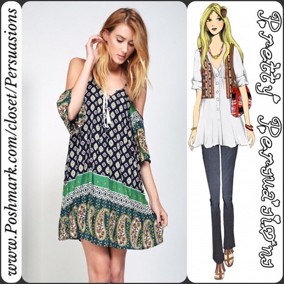 SOLD OUT‼️Paisley Border Print Cold Shoulder Dress - Picture 2 of 4