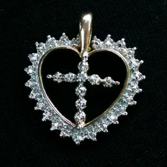 Cross in Heart Diamond Pendant Gold Over Sterling - Picture 1 of 4
