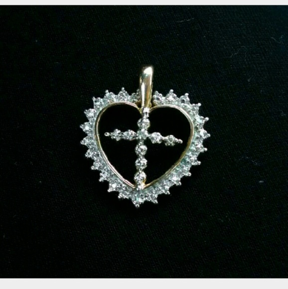 Cross in Heart Diamond Pendant Gold Over Sterling - Picture 3 of 4