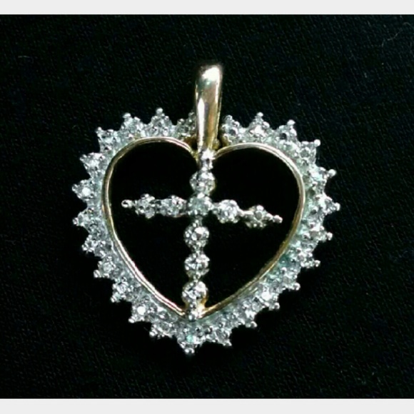 Cross in Heart Diamond Pendant Gold Over Sterling - Picture 4 of 4