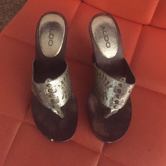 Brown and gold wedge sandals