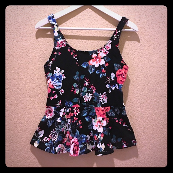 Express black floral peplum tank