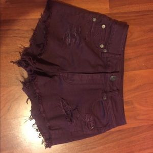 Maroon distressed high waisted shorts