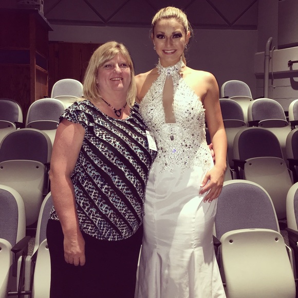 White, beaded, high-neck pageant gown