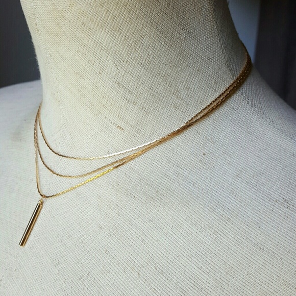 Gold Tone Layered Minimalist Bar Necklace Simple - Picture 3 of 4