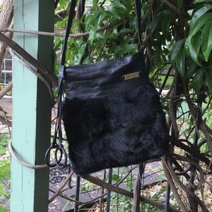 Stunning black fur Tezari purse w/ leather detail