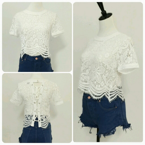 🆕White Short Sleeve Lace Crop Top With Lace Up Back & Eyelash Hem - Picture 1 of 2