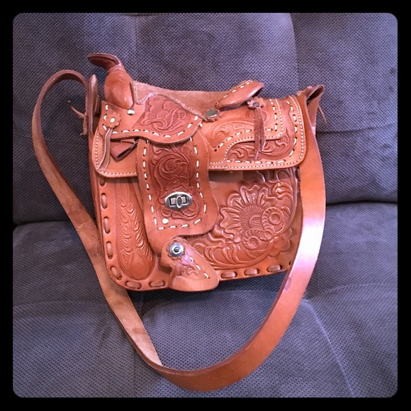SOLD----Tool carved leather saddle over purse - Picture 1 of 4