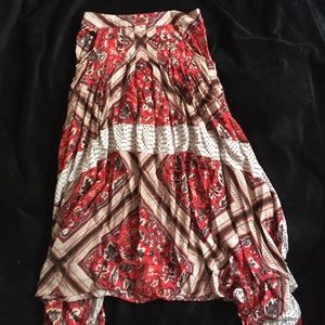 pleated red patterned free people skirt