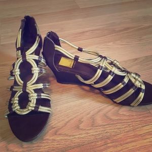 Gold and Brown Wedge Sandals