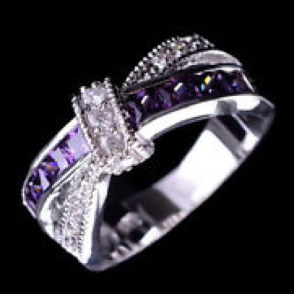 Sterling Silver CZ Amethyst Cross Band Ring