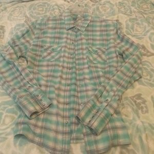 Light blue and white plaid button up shirt