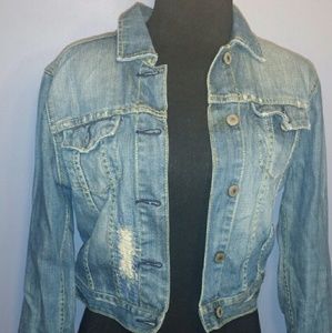 Cropped distressed denim jacket