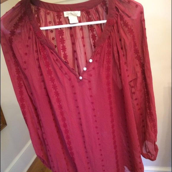 Lucky brand silk embroidered maroon blouse