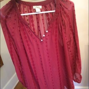 Lucky brand silk embroidered maroon blouse