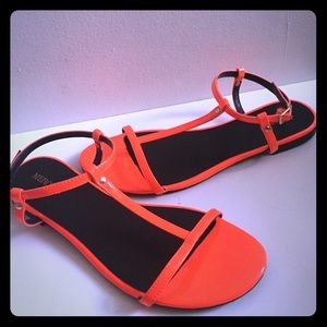 Neon Orange T Strap Sandals