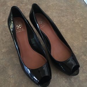 Vince Camuto Black Patent Peep Toe Heels, Size 9