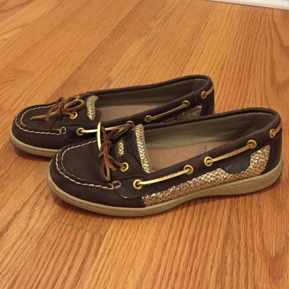 Sperry Topsiders, brown leather & Gold Glitter 7.5