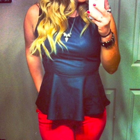 Black Faux Leather Peplum Top