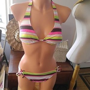 NWT Hobie Striped beach fun pink brown yellow 2pc loop halter Jr. L