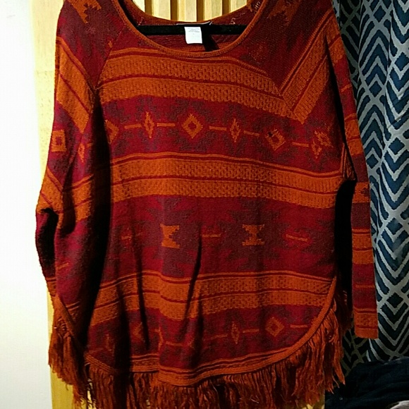 Oversized fringed aztec print sweater/ poncho