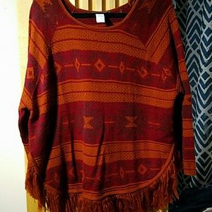 Oversized fringed aztec print sweater/ poncho