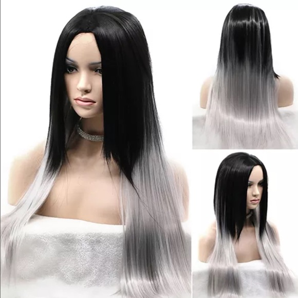 Long Straight Black Ombre Grey Full Wig