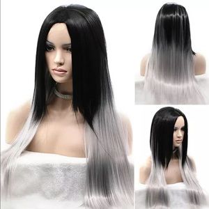 Long Straight Black Ombre Grey Full Wig