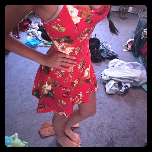 Red floral print fitted skater dress