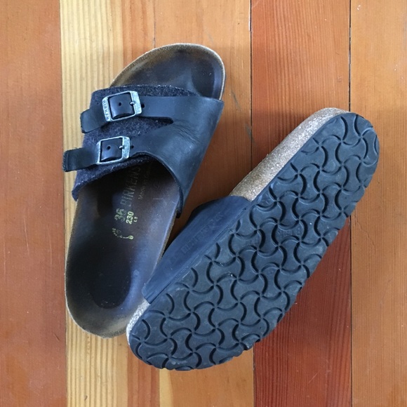 Birkenstocks black leather/wool sandals