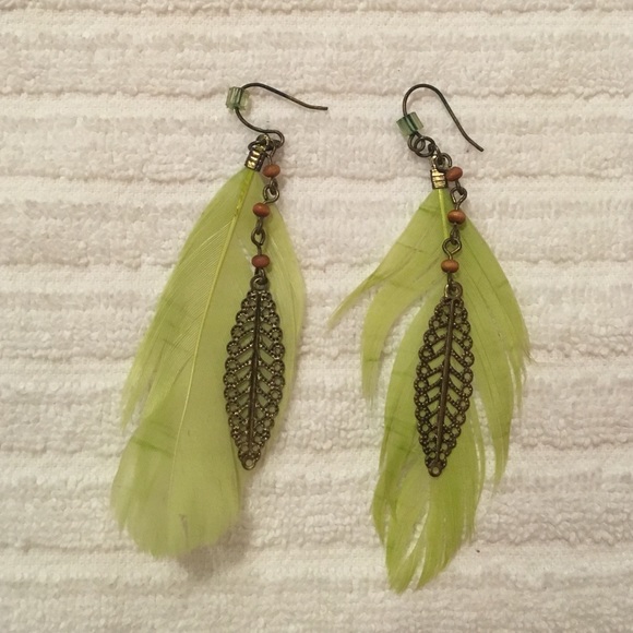 Green and Gold Feather Earrings - Picture 2 of 2