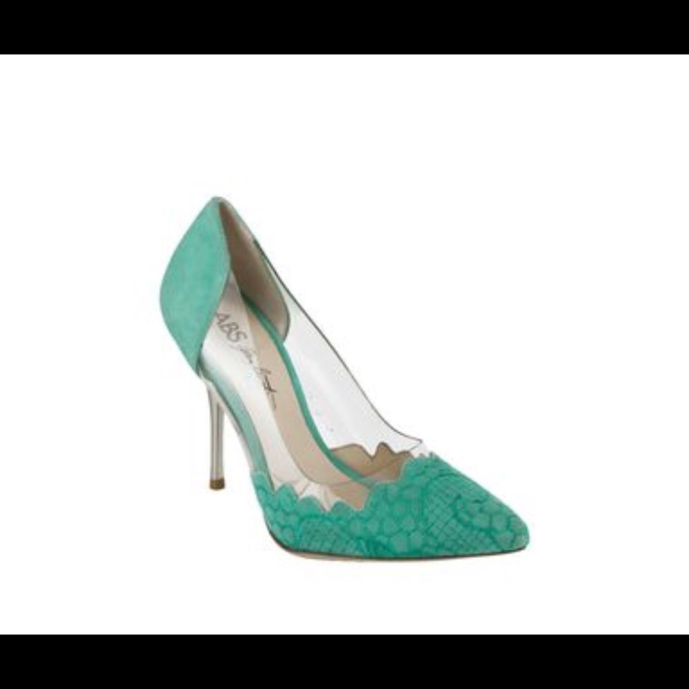 embroidered turquoise suede and clear heel