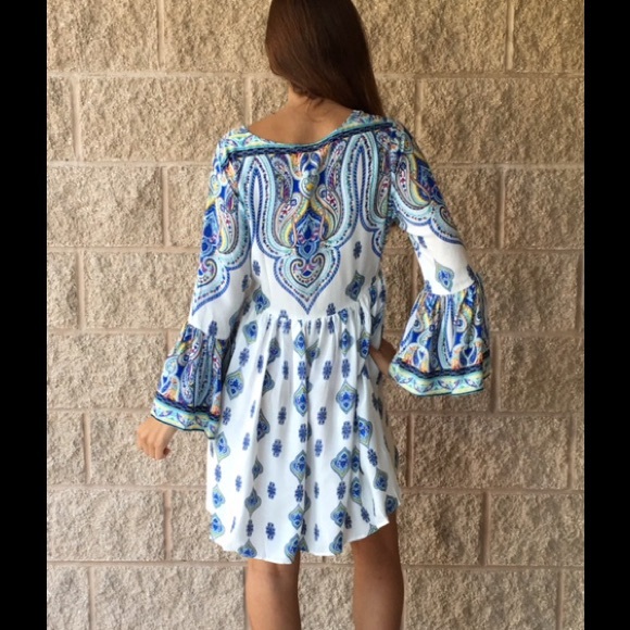 Pastel Paisley Print Bell Sleeve Shirt Dress - Picture 2 of 4