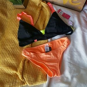 Neon orange, black, green, pink bikini