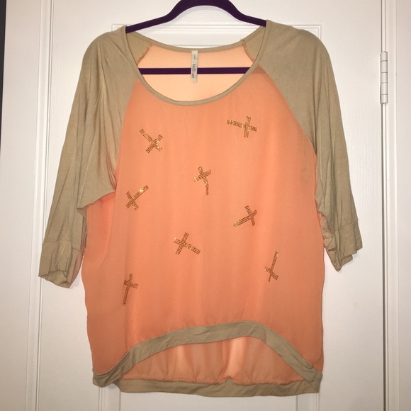 Millibon Peach & Taupe Sheer Cross Studded top