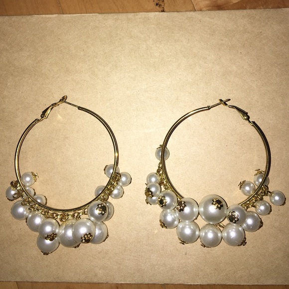 Gold Dangle Pearl Hoops