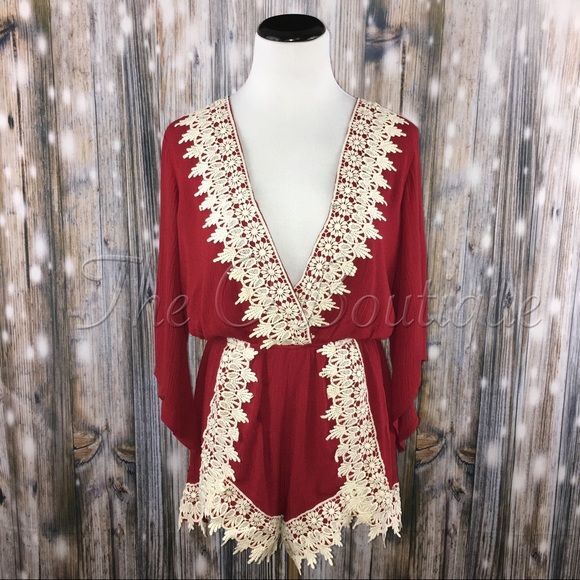 🎉CLEARANCE🎉 Red Wine & Ivory Crochet Trim Romper - Picture 4 of 6