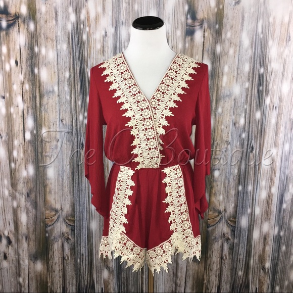 🎉CLEARANCE🎉 Red Wine & Ivory Crochet Trim Romper - Picture 5 of 6