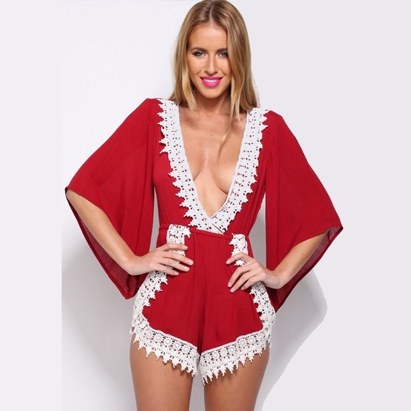 🎉CLEARANCE🎉 Red Wine & Ivory Crochet Trim Romper - Picture 2 of 6