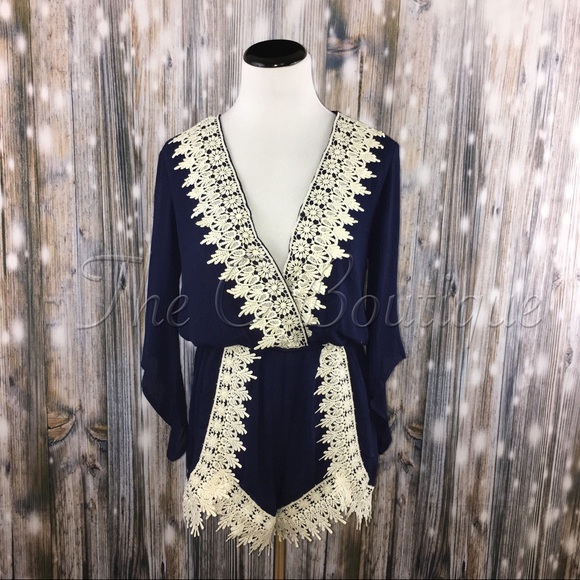 🎉CLEARANCE🎉Navy & Ivory Crochet Lace Trim Romper - Picture 4 of 6