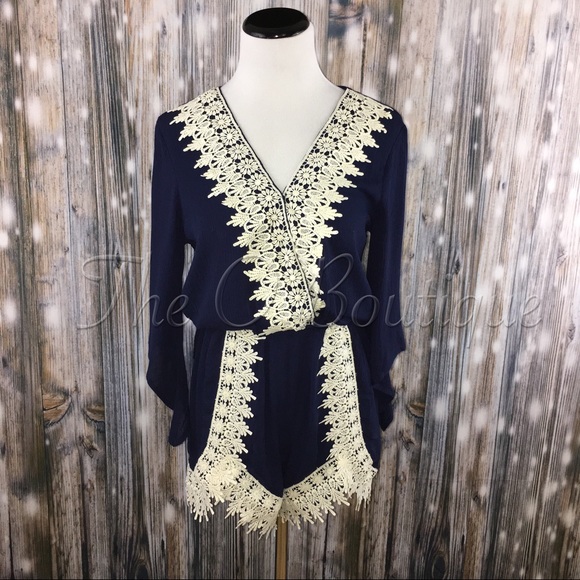 🎉CLEARANCE🎉Navy & Ivory Crochet Lace Trim Romper - Picture 5 of 6