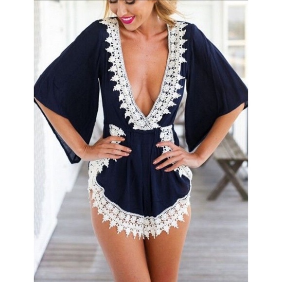 🎉CLEARANCE🎉Navy & Ivory Crochet Lace Trim Romper - Picture 3 of 6