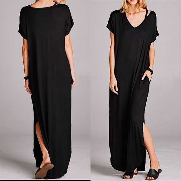 Sale! Black Maxi Dress side pockets - Picture 2 of 4