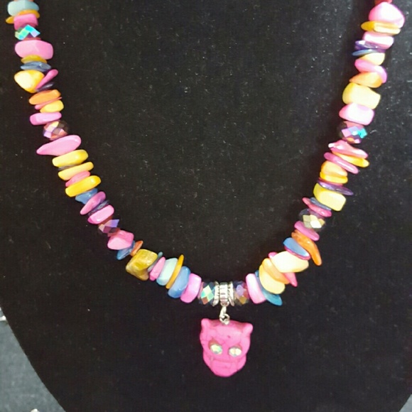Multicolor Necklace. Pink Owl & silver components - Picture 2 of 4
