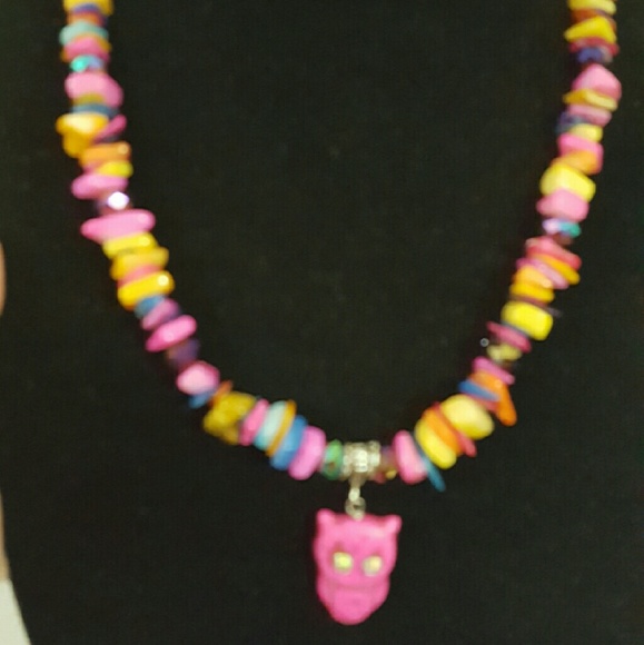 Multicolor Necklace. Pink Owl & silver components - Picture 3 of 4