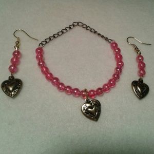 Bracelet & Earring Set, Pink and Hearts.