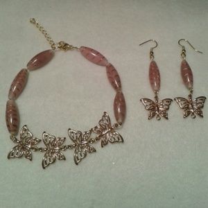 Butterfly and Pink Beaded Bracelet & Earring Set.