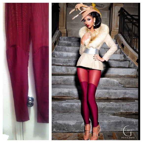 Pants - WINE BURGUNDY COLOR LEGGINGS WITH MESH UPPER
