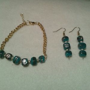 Blue & Gold Beads, Bracelet and Earring Set.